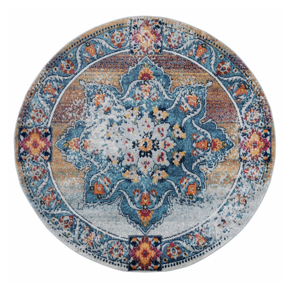 9' X 12' Ivory Blue And Orange Medallion Area Rug