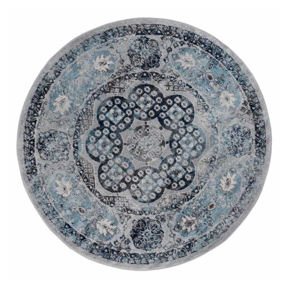 6' Ivory Blue And Gray Medallion Round Rug