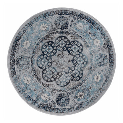6' Ivory Blue And Gray Medallion Round Rug