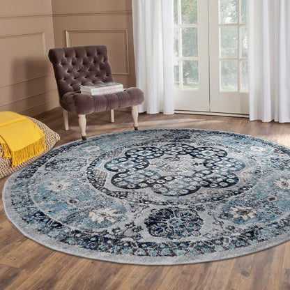 6' Ivory Blue And Gray Medallion Round Rug