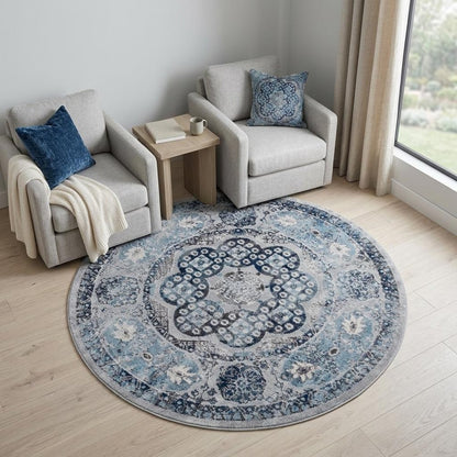 6' Ivory Blue And Gray Medallion Round Rug