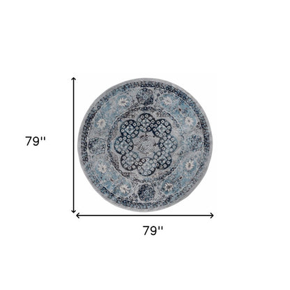 6' Ivory Blue And Gray Medallion Round Rug