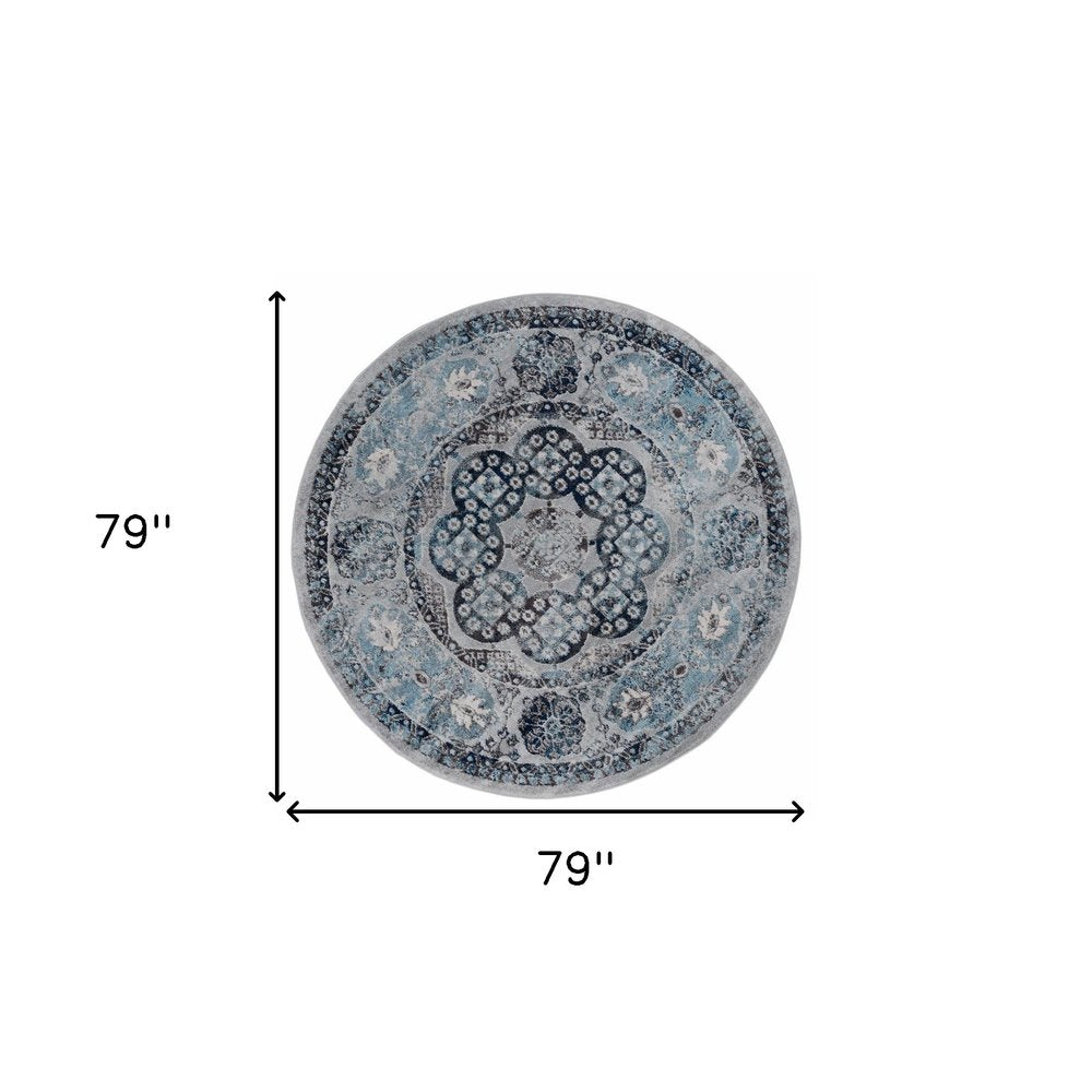 6' Ivory Blue And Gray Medallion Round Rug