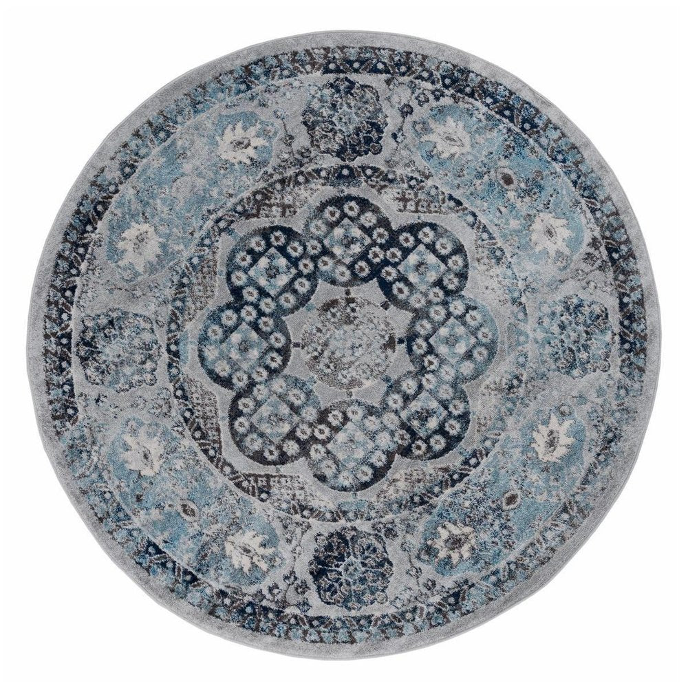 6' Ivory Blue And Gray Medallion Round Rug