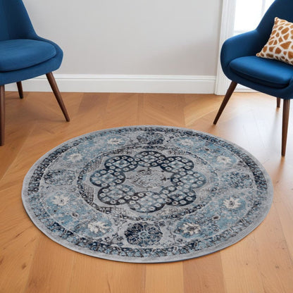 6' Ivory Blue And Gray Medallion Round Rug