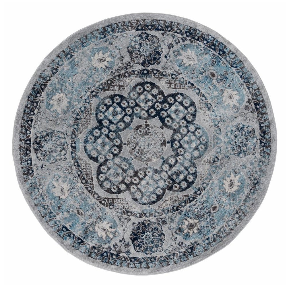6' Ivory Blue And Gray Medallion Round Rug