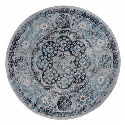 6' Ivory Blue And Gray Medallion Round Rug