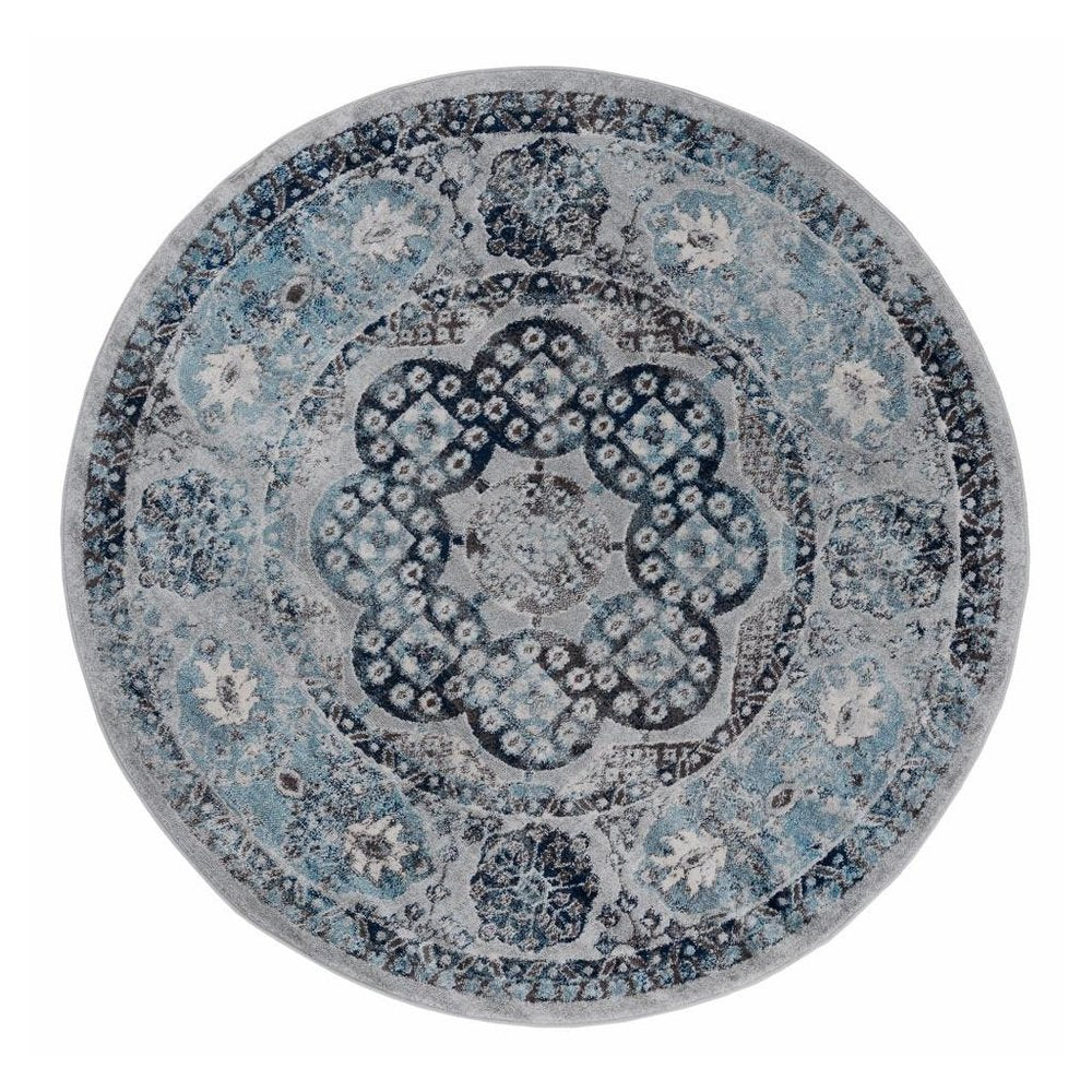 6' Ivory Blue And Gray Medallion Round Rug