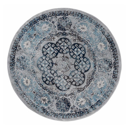 6' Ivory Blue And Gray Medallion Round Rug