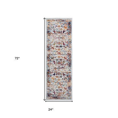 10' Ivory Navy and Orange Floral Power Loom Runner Rug