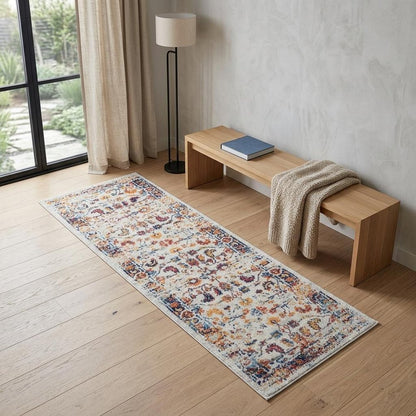 6' Ivory Navy and Orange Floral Power Loom Runner Rug