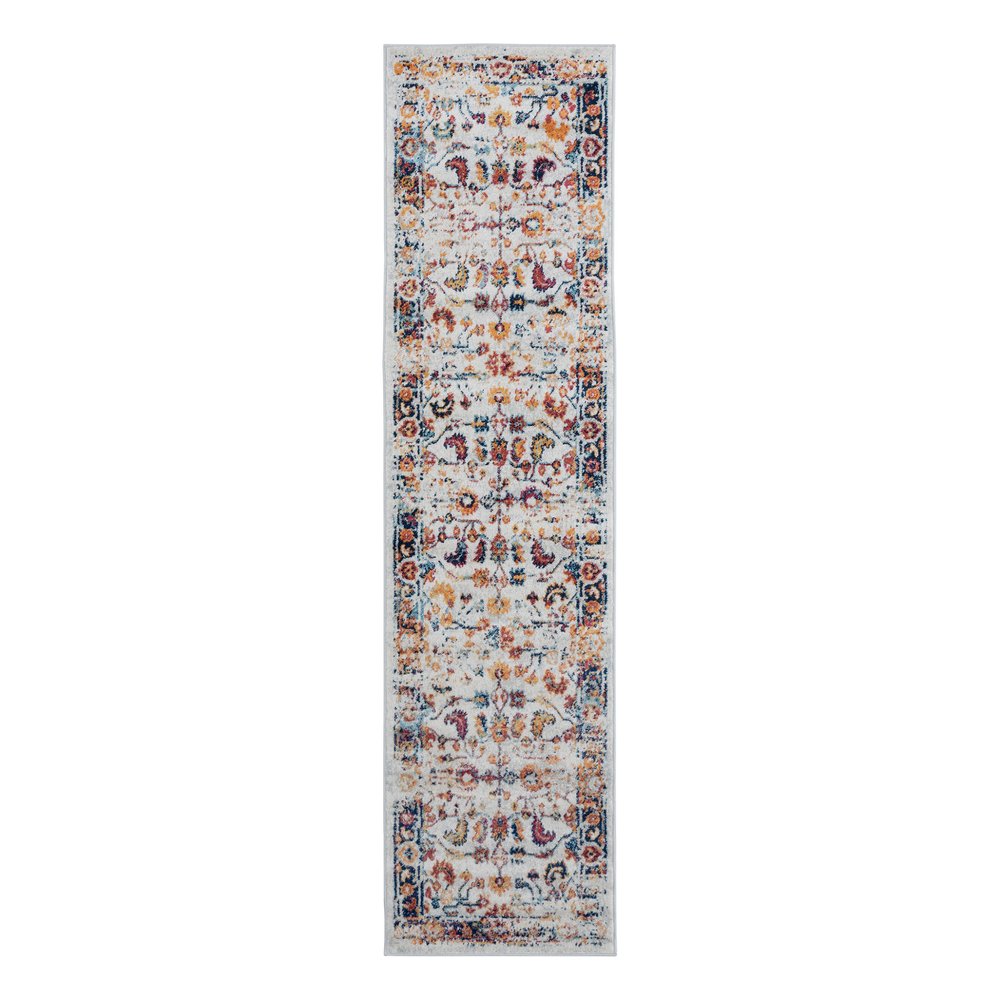6' Ivory Navy and Orange Floral Power Loom Runner Rug