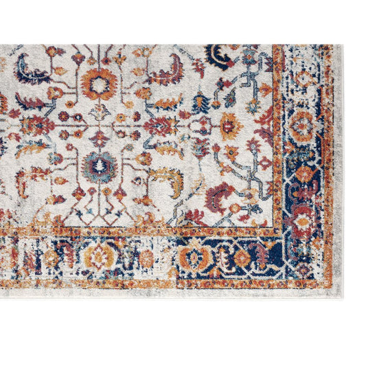 10' Ivory Navy and Orange Floral Power Loom Runner Rug