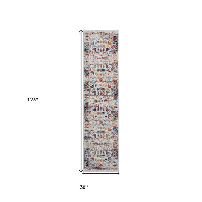 10' Ivory Navy and Orange Floral Power Loom Runner Rug