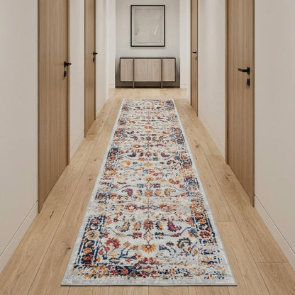 6' Ivory Navy and Orange Floral Power Loom Runner Rug