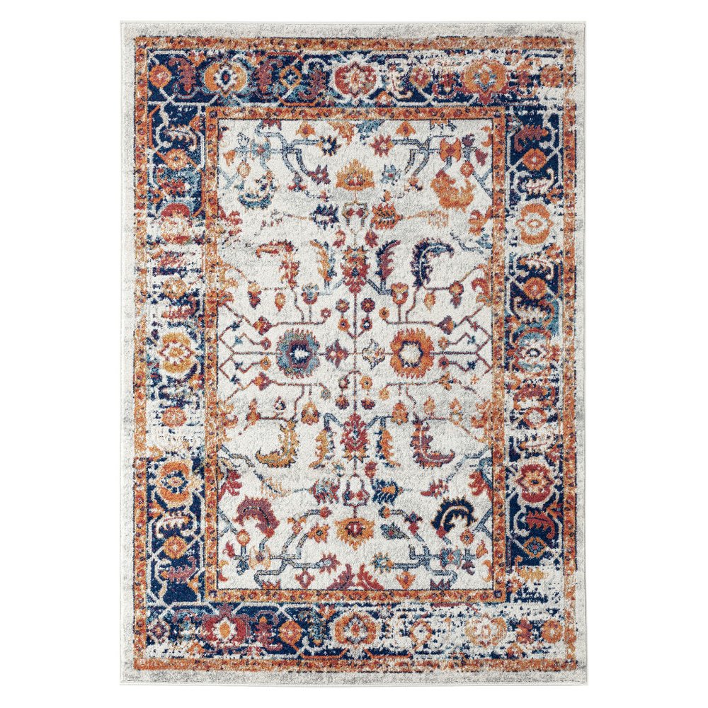 6' Ivory Navy and Orange Floral Power Loom Runner Rug