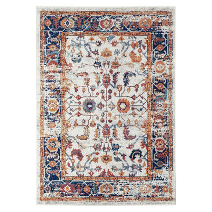 6' Ivory Navy and Orange Floral Power Loom Runner Rug