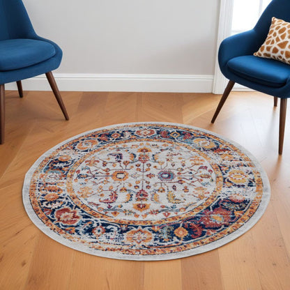 10' Ivory Navy and Orange Floral Power Loom Runner Rug