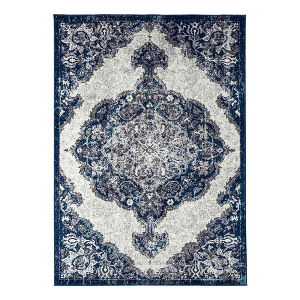8' X 10' Ivory Gray And Blue Medallion Area Rug