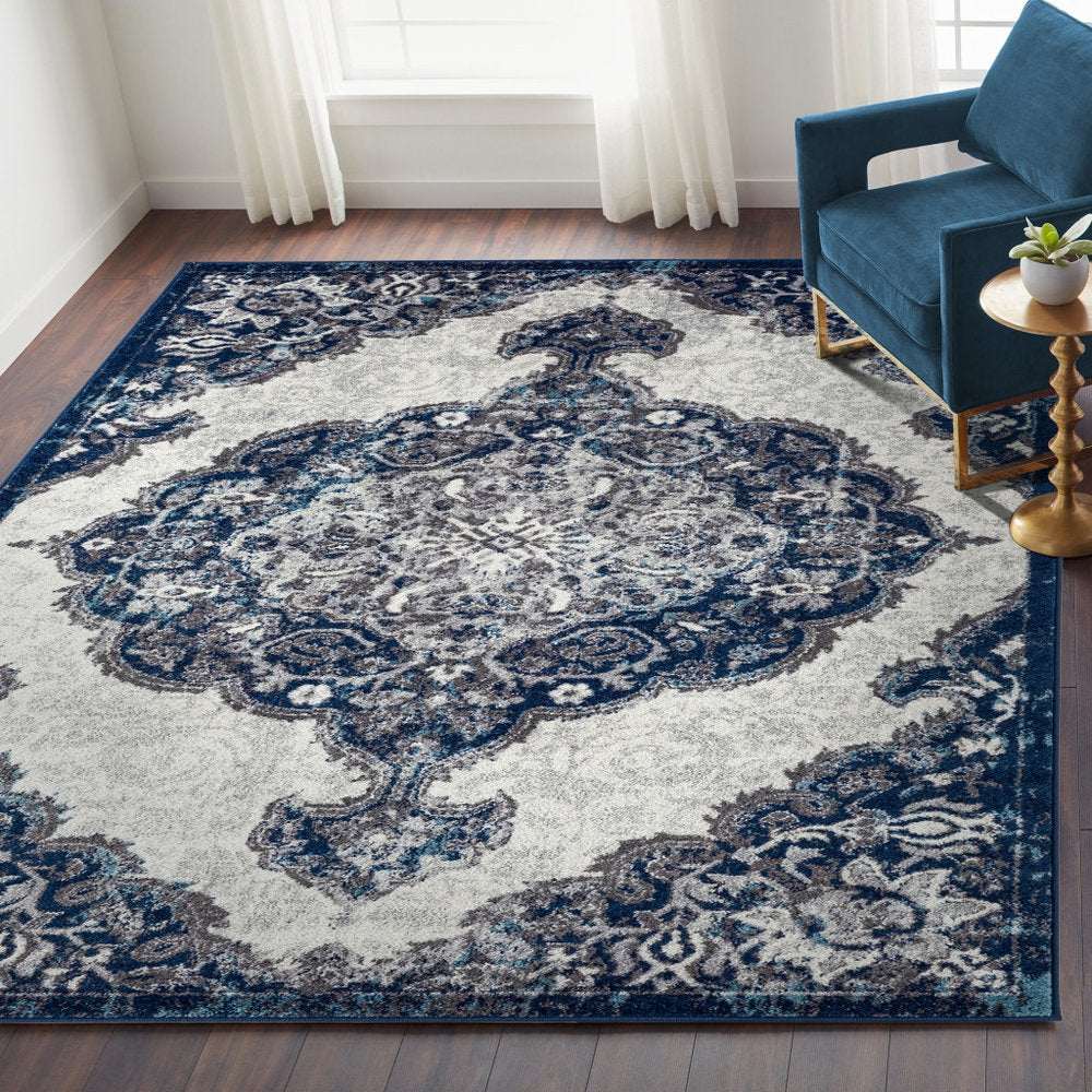 2' X 3' Ivory Gray And Blue Medallion Area Rug