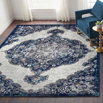 8' X 10' Ivory Gray And Blue Medallion Area Rug