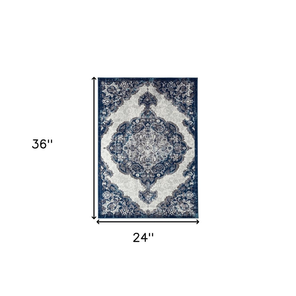 2' X 3' Ivory Gray And Blue Medallion Area Rug