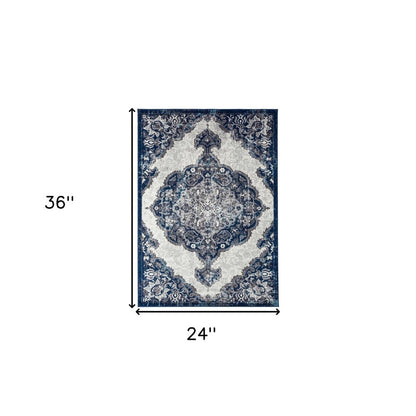 2' X 3' Ivory Gray And Blue Medallion Area Rug