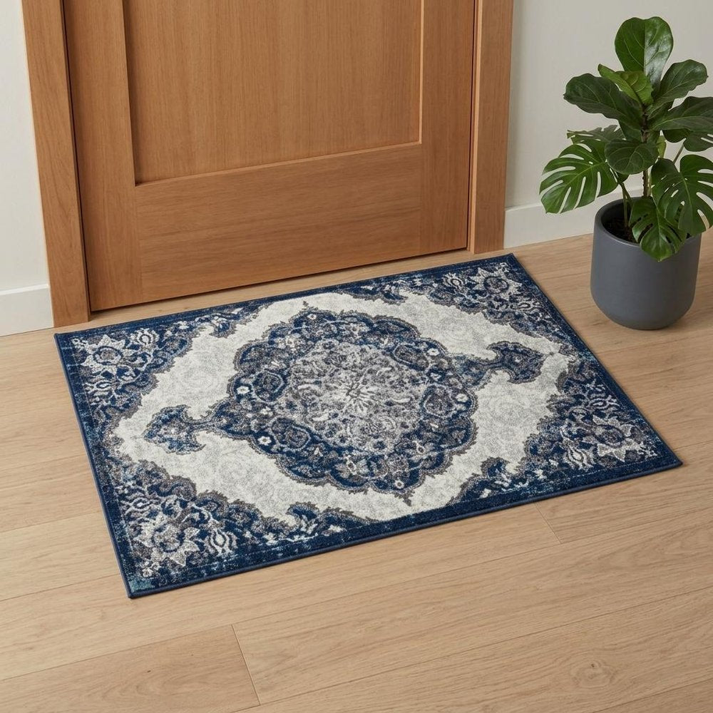 2' X 3' Ivory Gray And Blue Medallion Area Rug
