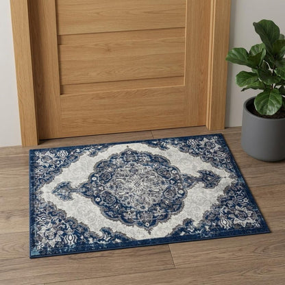 2' X 3' Ivory Gray And Blue Medallion Area Rug