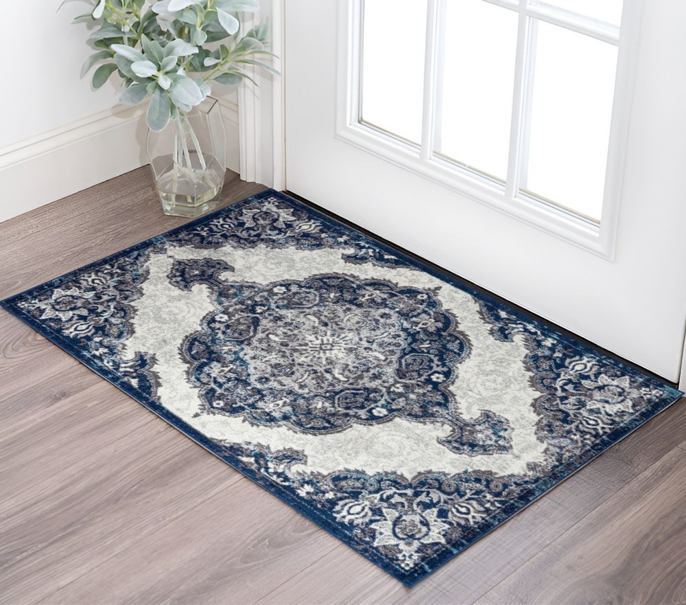 2' X 3' Ivory Gray And Blue Medallion Area Rug