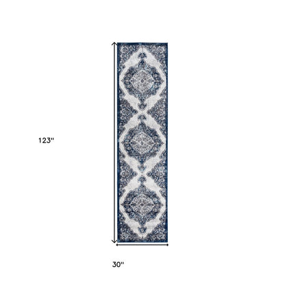 2' X 3' Ivory Gray And Blue Medallion Area Rug