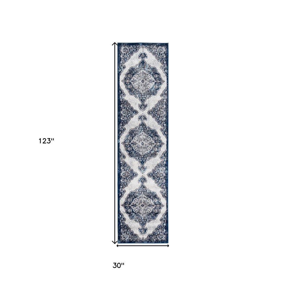 2' X 3' Ivory Gray And Blue Medallion Area Rug
