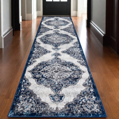 2' X 3' Ivory Gray And Blue Medallion Area Rug