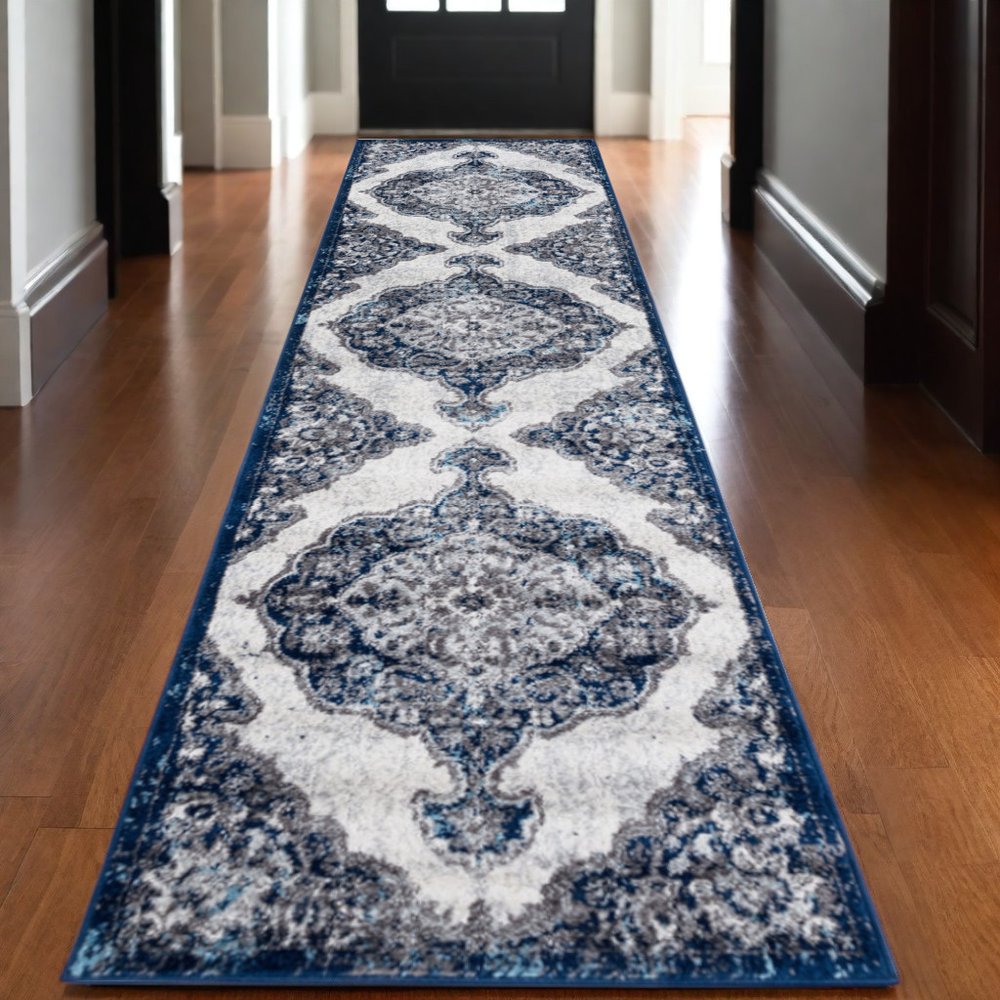 8' X 10' Ivory Gray And Blue Medallion Area Rug