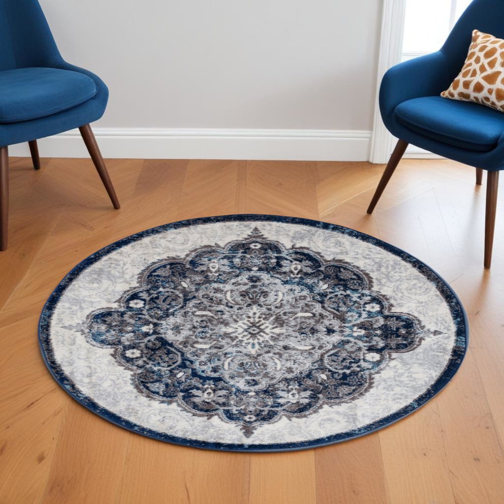 2' X 3' Ivory Gray And Blue Medallion Area Rug
