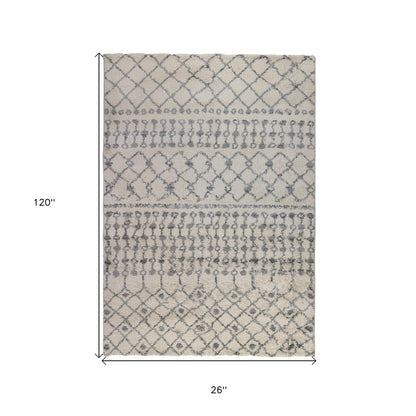 10' Gray And Ivory Geometric Shag Runner Rug