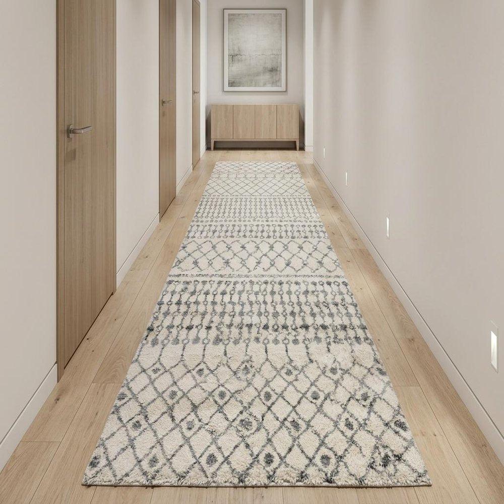 10' Gray And Ivory Geometric Shag Runner Rug