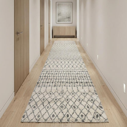 10' Gray And Ivory Geometric Shag Runner Rug