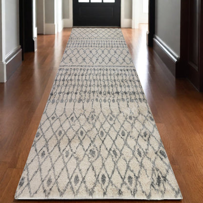 10' Gray And Ivory Geometric Shag Runner Rug