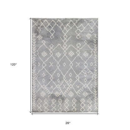 10' Gray And Ivory Geometric Shag Runner Rug