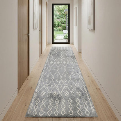 10' Gray And Ivory Geometric Shag Runner Rug