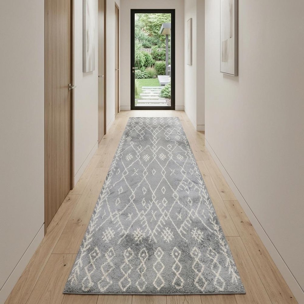 10' Gray And Ivory Geometric Shag Runner Rug