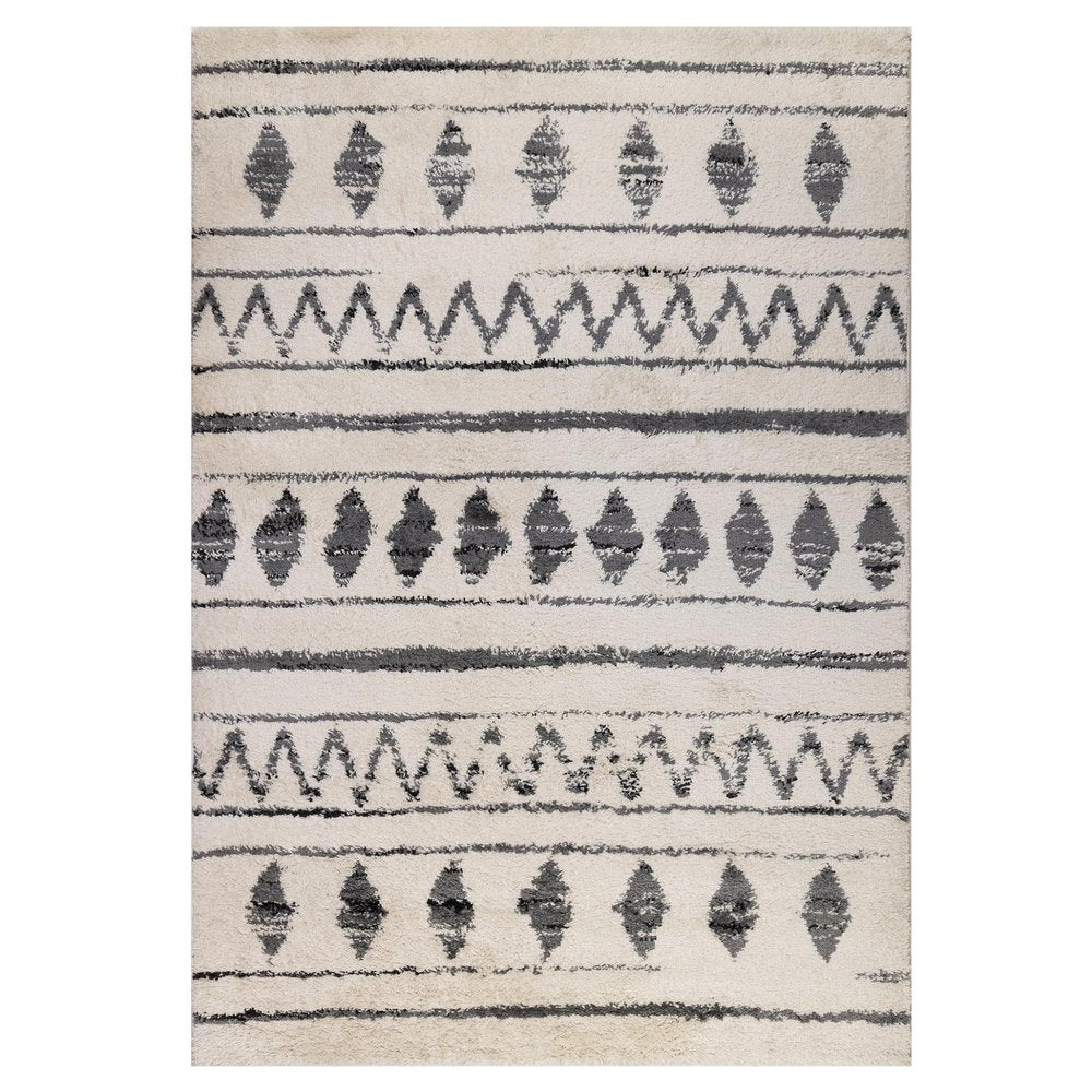 10' Cream Black And Gray Geometric Shag Runner Rug