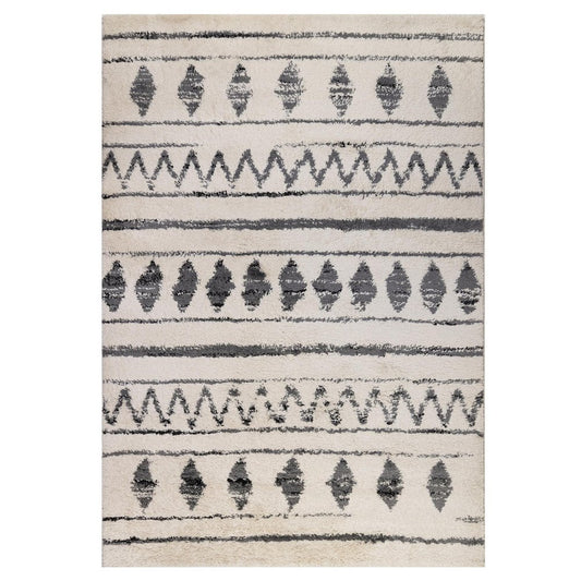 10' Cream Black And Gray Geometric Shag Runner Rug