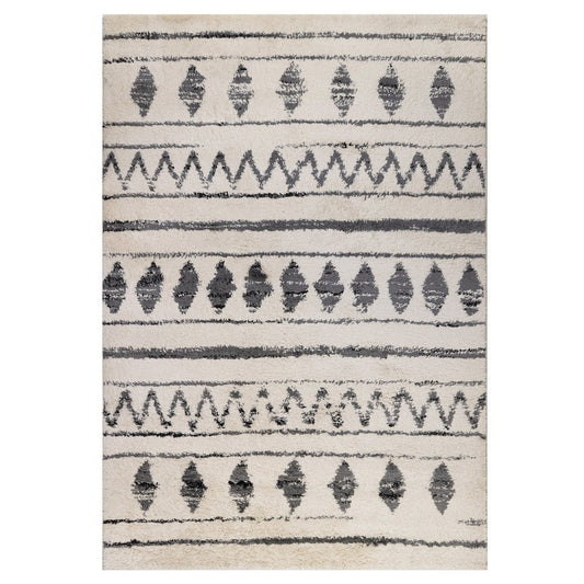 10' Cream Black And Gray Geometric Shag Runner Rug
