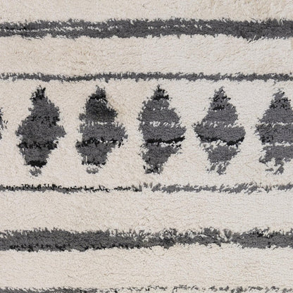 10' Cream Black And Gray Geometric Shag Runner Rug