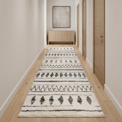 10' Cream Black And Gray Geometric Shag Runner Rug