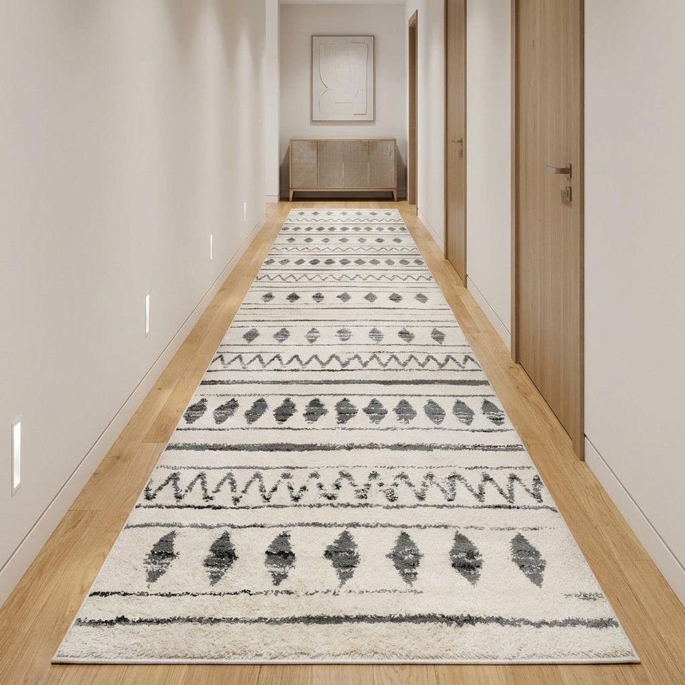 10' Cream Black And Gray Geometric Shag Runner Rug