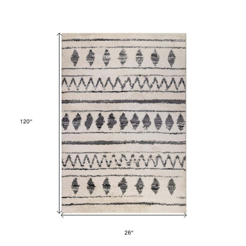 10' Cream Black And Gray Geometric Shag Runner Rug