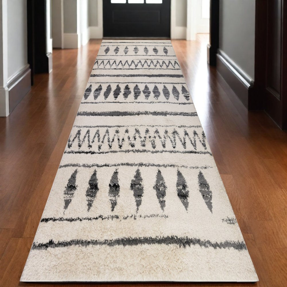 8' X 12' Cream Black And Gray Geometric Shag Area Rug